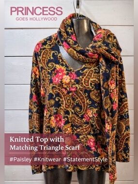 PRINCESS GOES HOLLYWOOD Paisley Knit Top with Matching Triangle Scarf Size 36